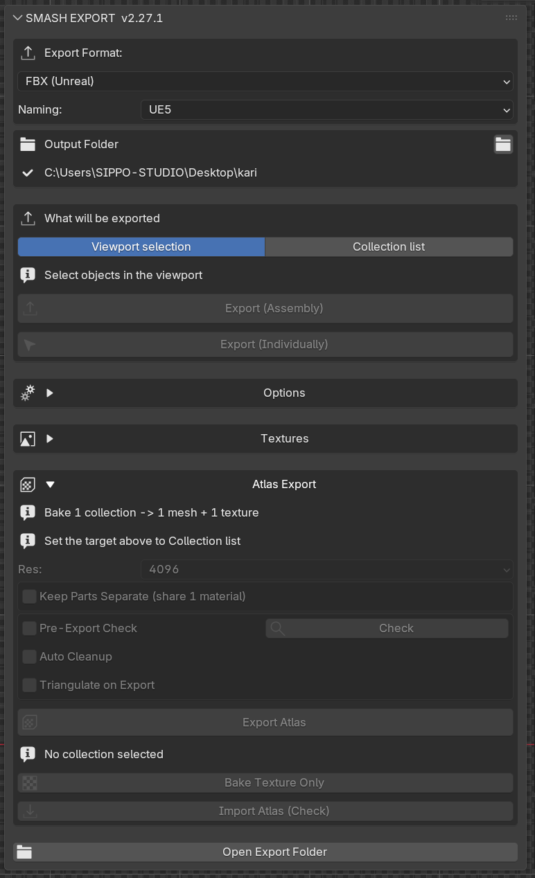 Actual SMASH EXPORT Blender add-on interface